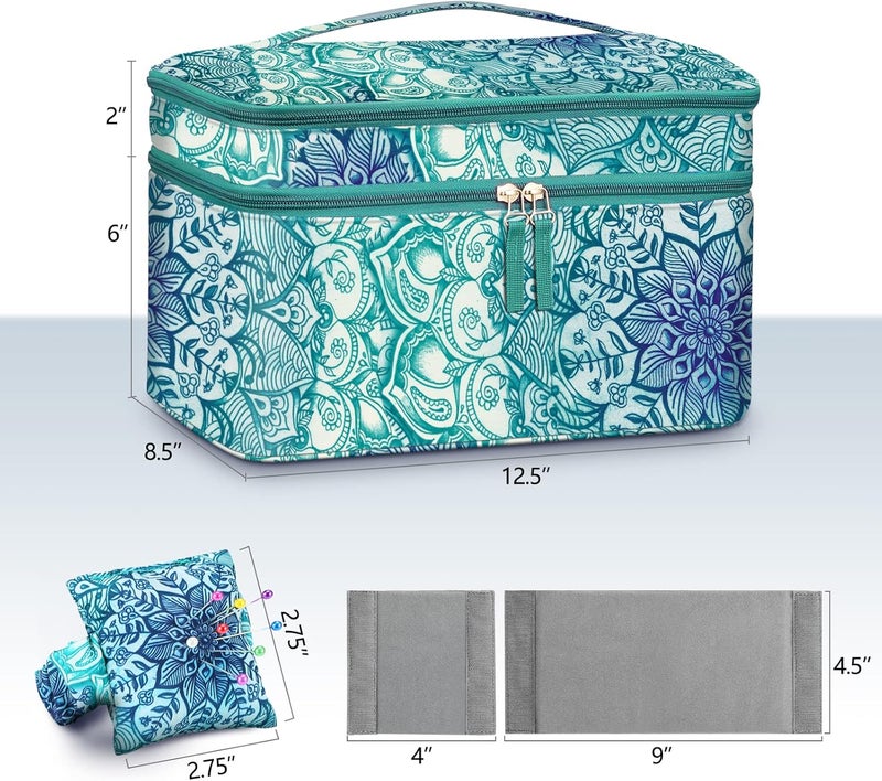 FINPAC Sewing Accessories Storage and Organizer Case, Double-Layer Sewing Kits Carrying Bag with Wrist Pin Cushion for Threads, Needles, Embroidery Floss Supplies, Felting Kits (Emerald Illusions) - Image 5