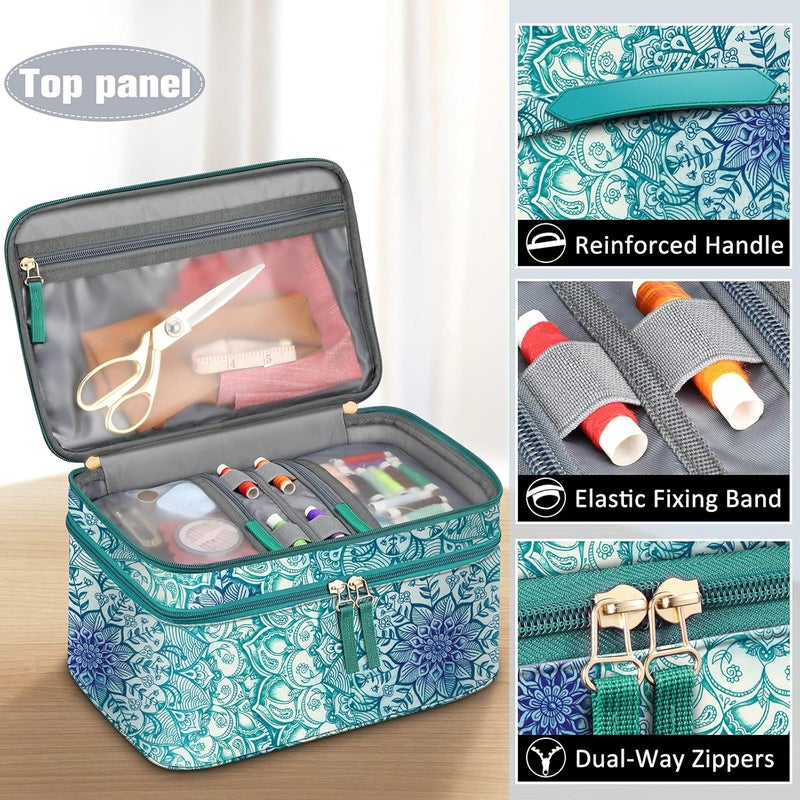 FINPAC Sewing Accessories Storage and Organizer Case, Double-Layer Sewing Kits Carrying Bag with Wrist Pin Cushion for Threads, Needles, Embroidery Floss Supplies, Felting Kits (Emerald Illusions) - Image 2