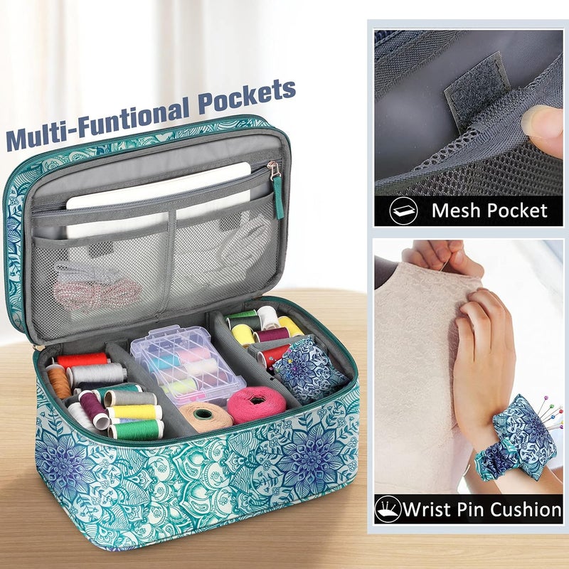 FINPAC Sewing Accessories Storage and Organizer Case, Double-Layer Sewing Kits Carrying Bag with Wrist Pin Cushion for Threads, Needles, Embroidery Floss Supplies, Felting Kits (Emerald Illusions) - Image 3