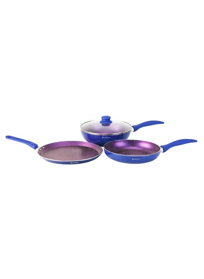 Wonderchef Blueberry Aluminium Non-stick Cookware 4 Piece Set | Fry Pan, Dosa Tava and Wok with Lid | PFOA and heavy metals free | Soft touch handles | Suitable for use on induction, gas, electric & glass stove tops | Blue - Image 1
