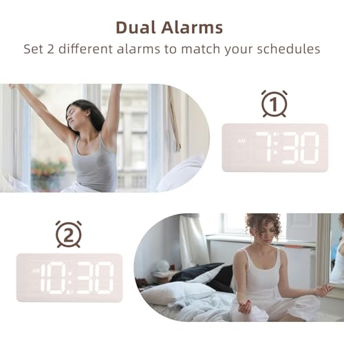 uscce Wooden Digital Alarm Clocks for Bedrooms: Dimmable Dual Alarm Clock with Large Numbers for Bedside Desk - Loud Alarm for Heavy Sleepers with Volume Control - Wood Decor & Gifts - Image 5