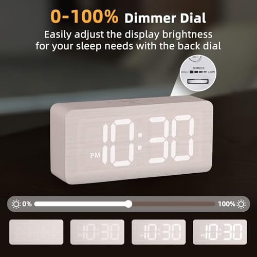 uscce Wooden Digital Alarm Clocks for Bedrooms: Dimmable Dual Alarm Clock with Large Numbers for Bedside Desk - Loud Alarm for Heavy Sleepers with Volume Control - Wood Decor & Gifts - Image 4