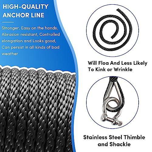 VEITHI Premium Anchor Rope 100 ft x 3/8 inch, Solid Braid MFP Anchor Line Marine Rope with Thimble & Shackle - Black - Image 3