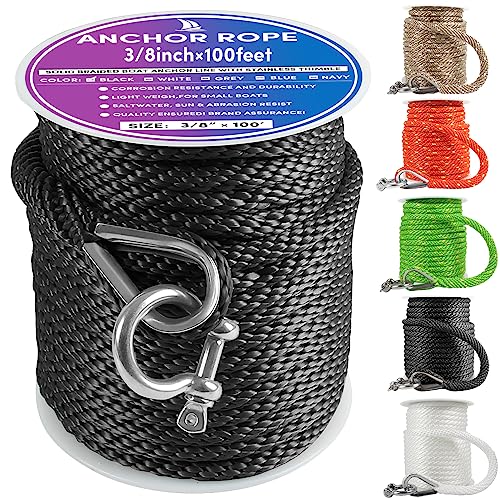 VEITHI Premium Anchor Rope 100 ft x 3/8 inch, Solid Braid MFP Anchor Line Marine Rope with Thimble & Shackle - Black - Image 1