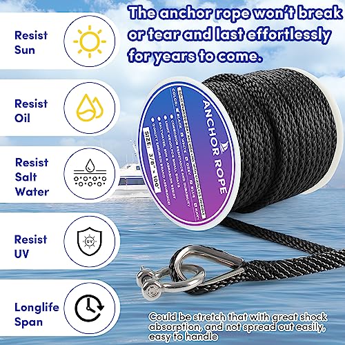 VEITHI Premium Anchor Rope 100 ft x 3/8 inch, Solid Braid MFP Anchor Line Marine Rope with Thimble & Shackle - Black - Image 5