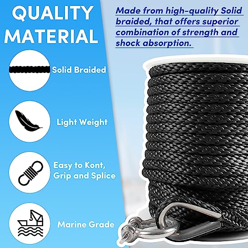 VEITHI Premium Anchor Rope 100 ft x 3/8 inch, Solid Braid MFP Anchor Line Marine Rope with Thimble & Shackle - Black - Image 4