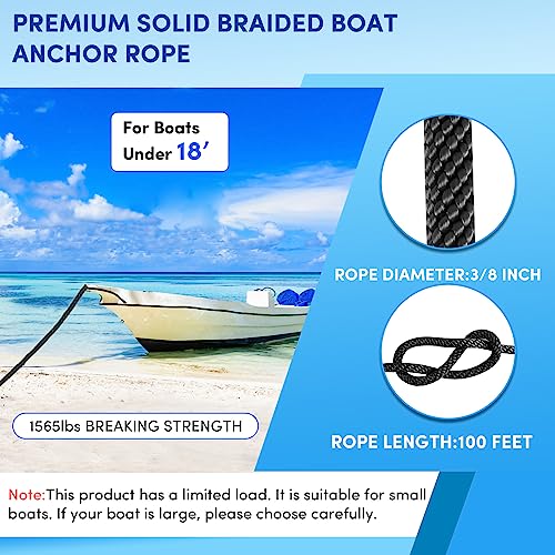 VEITHI Premium Anchor Rope 100 ft x 3/8 inch, Solid Braid MFP Anchor Line Marine Rope with Thimble & Shackle - Black - Image 2