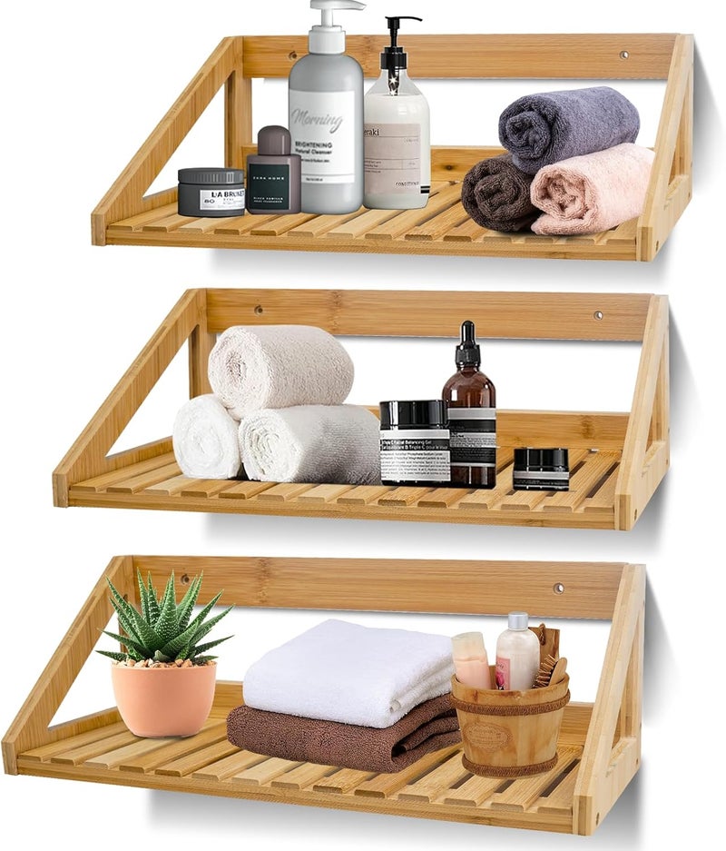 ONEHAUS Floating Shelves Wall Mounted, 3 Pcs Solid Bamboo Wall Hanging Rack Holder，Wall Storage Shelves for Bedroom, Living Room, Bathroom, Kitchen, Office Decor - Image 1