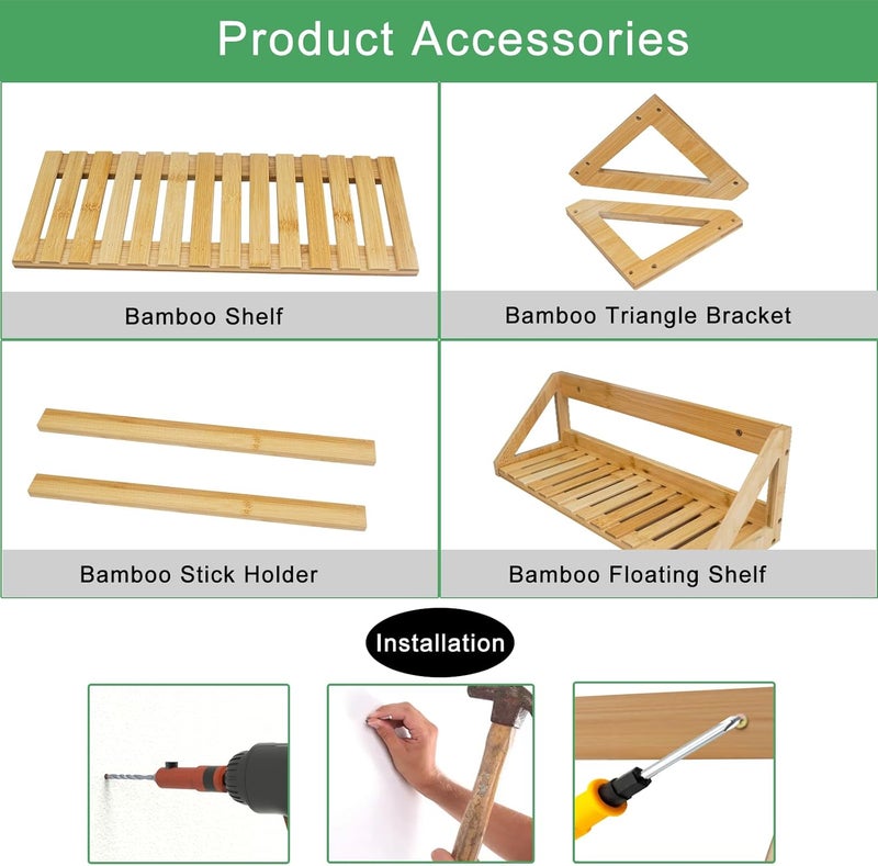 ONEHAUS Floating Shelves Wall Mounted, 3 Pcs Solid Bamboo Wall Hanging Rack Holder，Wall Storage Shelves for Bedroom, Living Room, Bathroom, Kitchen, Office Decor - Image 4