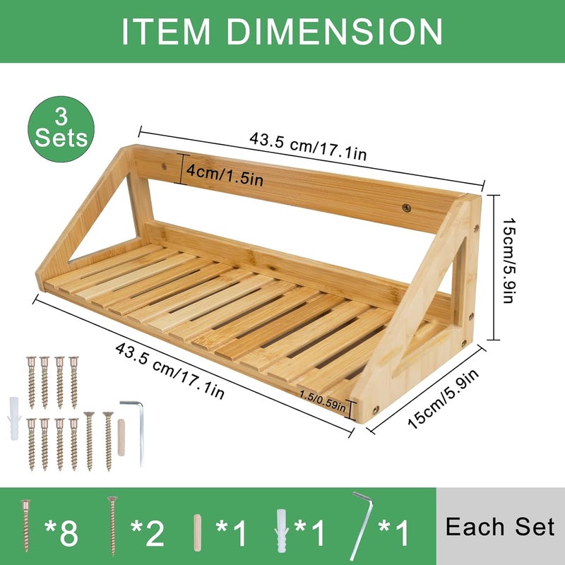 ONEHAUS Floating Shelves Wall Mounted, 3 Pcs Solid Bamboo Wall Hanging Rack Holder，Wall Storage Shelves for Bedroom, Living Room, Bathroom, Kitchen, Office Decor - Image 3