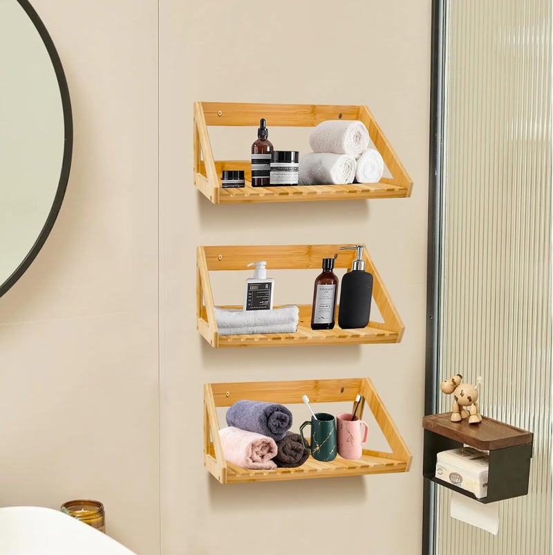 ONEHAUS Floating Shelves Wall Mounted, 3 Pcs Solid Bamboo Wall Hanging Rack Holder，Wall Storage Shelves for Bedroom, Living Room, Bathroom, Kitchen, Office Decor - Image 5