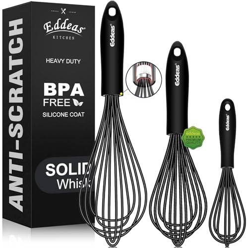 Eddeas Whisks For Cooking - 500 °F Heat Resistant Silicone Whisk, Heavy Duty 7",9"&11inch Non-Scratch Balloon Kitchen Wisk tool Set, for cooking Wisking, Blending, Beating, Stirring, 3 Piece Black - Image 1