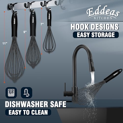 Eddeas Whisks For Cooking - 500 °F Heat Resistant Silicone Whisk, Heavy Duty 7",9"&11inch Non-Scratch Balloon Kitchen Wisk tool Set, for cooking Wisking, Blending, Beating, Stirring, 3 Piece Black - Image 5