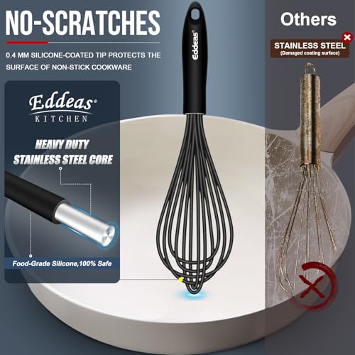Eddeas Whisks For Cooking - 500 °F Heat Resistant Silicone Whisk, Heavy Duty 7",9"&11inch Non-Scratch Balloon Kitchen Wisk tool Set, for cooking Wisking, Blending, Beating, Stirring, 3 Piece Black - Image 2