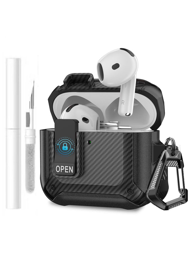 Carbon grain surface Cover Case Compatible With Airpods 4 Lock Clip,Protective anti-fall Skin-- Black - Image 1