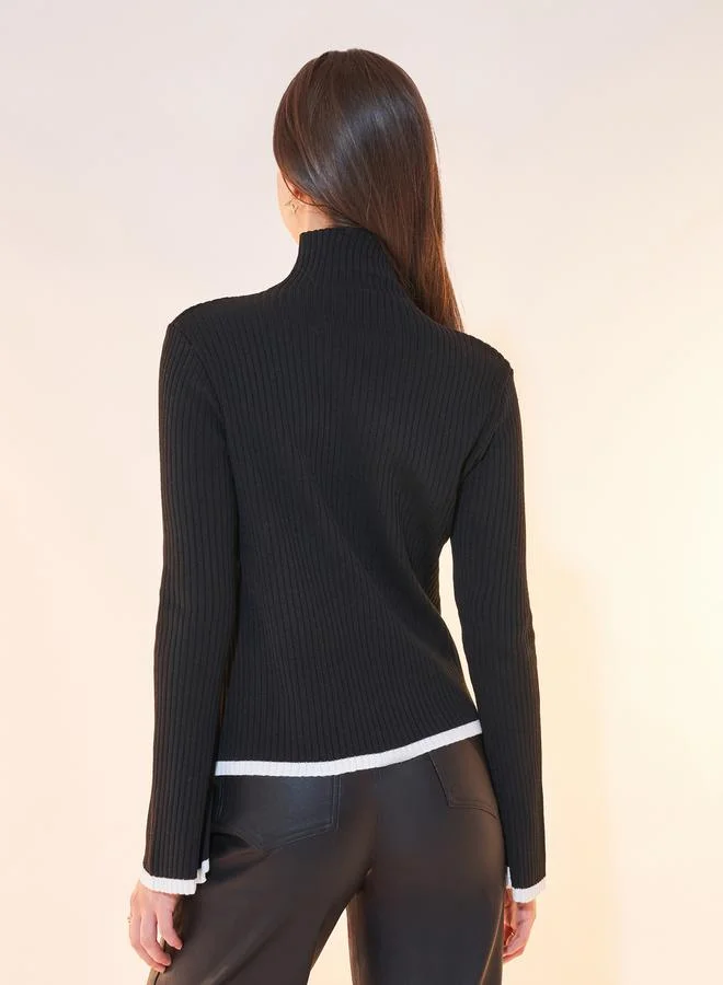 Take Two Contrast Trim Asymmetric Hem Sweater