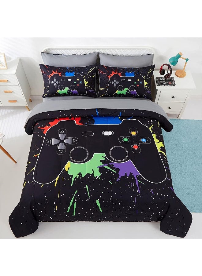 Generic KAKKI 5 Piece Boys Full Gamer Comforter Set with Sheets, 3D Colorful Video Game Controller Comforter for Kids Teen, All Season Soft Microfiber Gaming Bedding Set(Black,Full)  - Image 1