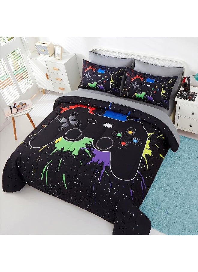 Generic KAKKI 5 Piece Boys Full Gamer Comforter Set with Sheets, 3D Colorful Video Game Controller Comforter for Kids Teen, All Season Soft Microfiber Gaming Bedding Set(Black,Full)  - Image 3