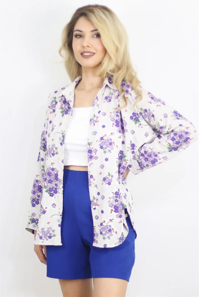 Ritnice Women's Stone Patterned Oversize Linen Shirt