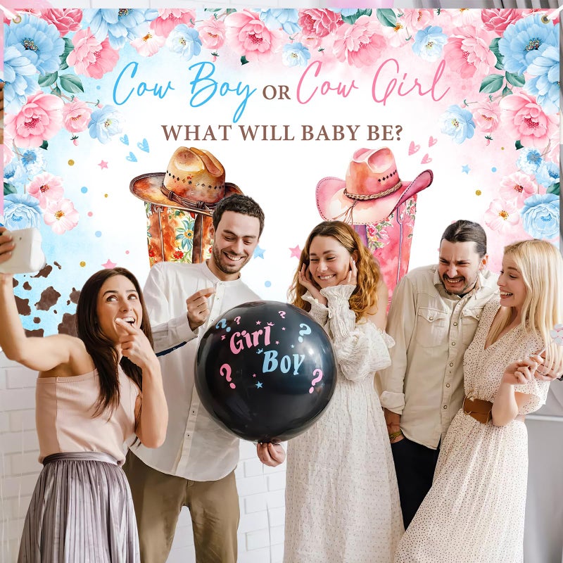 Avezano Cowboy or Cowgirl Gender Reveal Banner Western Gender Reveal Party Decorations Backdrop Blue Pink Cow Print Western Rodeo Gender Reveal Banner Photo Props 70.8 x 43.3 Inch - Image 3