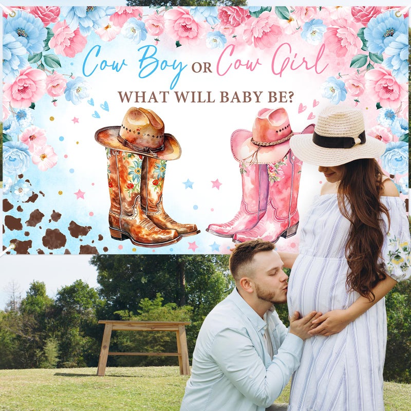 Avezano Cowboy or Cowgirl Gender Reveal Banner Western Gender Reveal Party Decorations Backdrop Blue Pink Cow Print Western Rodeo Gender Reveal Banner Photo Props 70.8 x 43.3 Inch - Image 5