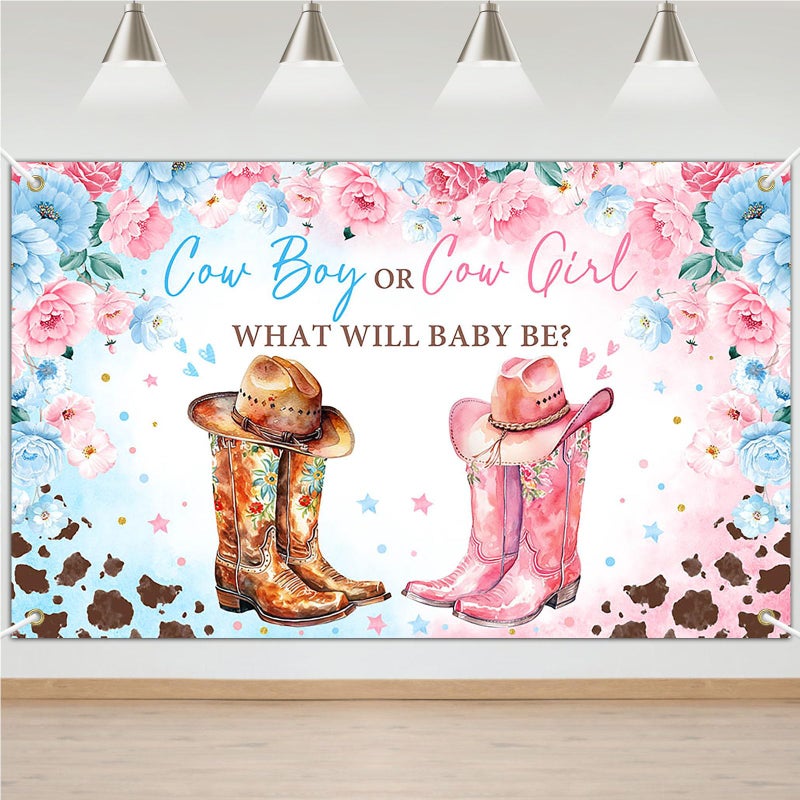 Avezano Cowboy or Cowgirl Gender Reveal Banner Western Gender Reveal Party Decorations Backdrop Blue Pink Cow Print Western Rodeo Gender Reveal Banner Photo Props 70.8 x 43.3 Inch - Image 1