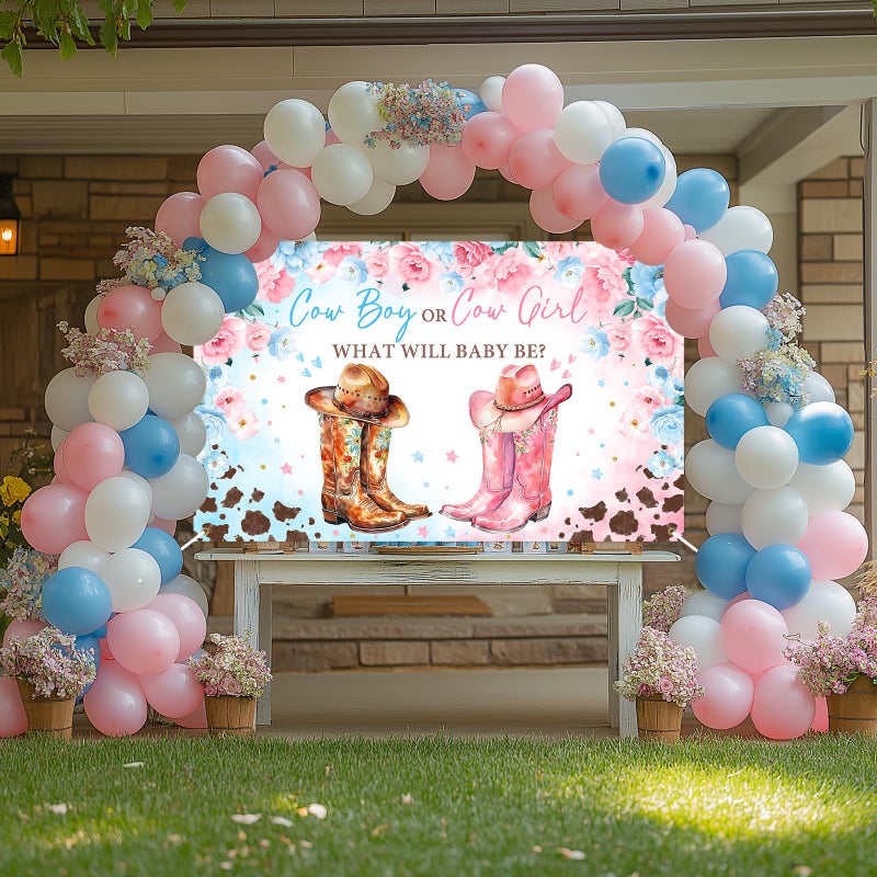 Avezano Cowboy or Cowgirl Gender Reveal Banner Western Gender Reveal Party Decorations Backdrop Blue Pink Cow Print Western Rodeo Gender Reveal Banner Photo Props 70.8 x 43.3 Inch - Image 2