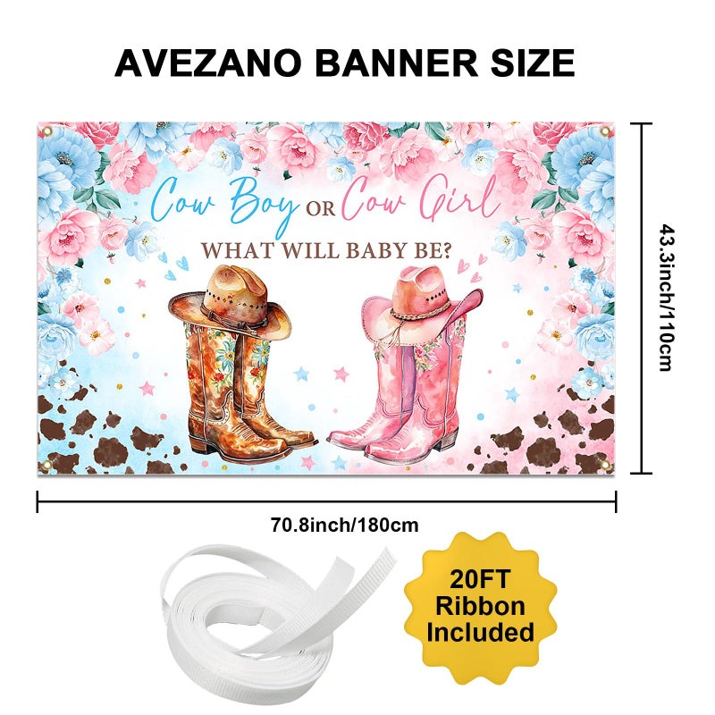 Avezano Cowboy or Cowgirl Gender Reveal Banner Western Gender Reveal Party Decorations Backdrop Blue Pink Cow Print Western Rodeo Gender Reveal Banner Photo Props 70.8 x 43.3 Inch - Image 4