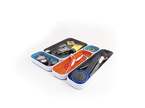 Three by Three Seattle 5 Piece Metal Organizer Tray Set for Storing Makeup, Stationery, Utensils, and More in Office Desk, Kitchen and Bathroom Drawers (1 Inch, Gray, Sky Blue, Orange) - Image 3