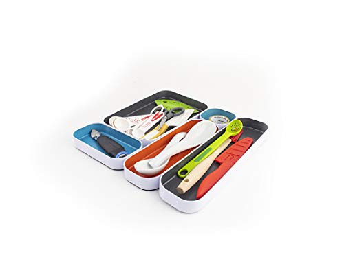 Three by Three Seattle 5 Piece Metal Organizer Tray Set for Storing Makeup, Stationery, Utensils, and More in Office Desk, Kitchen and Bathroom Drawers (1 Inch, Gray, Sky Blue, Orange) - Image 4
