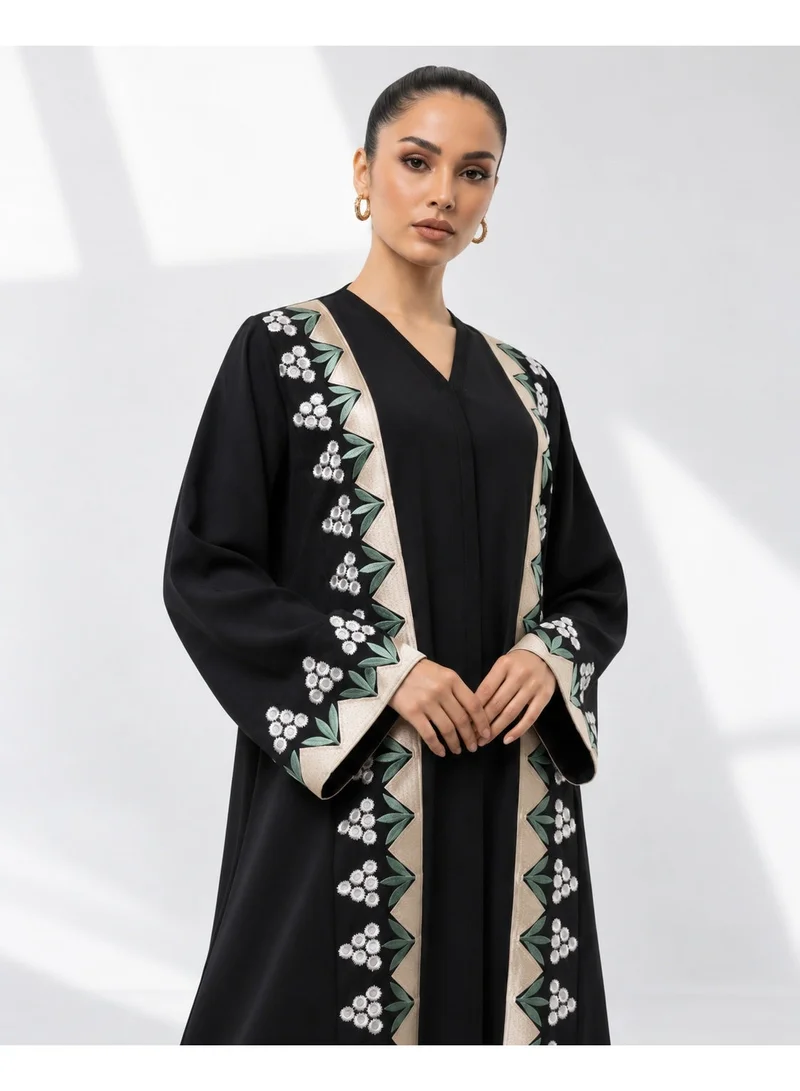 Aara Black Floral Embroidered V-Neck Abaya with Beige Trim for Women