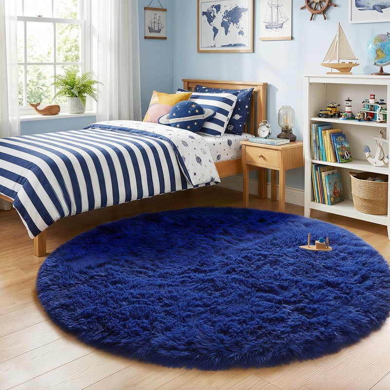 Amdrebio Navy Blue Fluffy Circle Rug, 4'X4' - Shaggy Plush Carpet for Kids, Teens, Nursery & Dorm - Indigo Cute Room Decor - Image 3