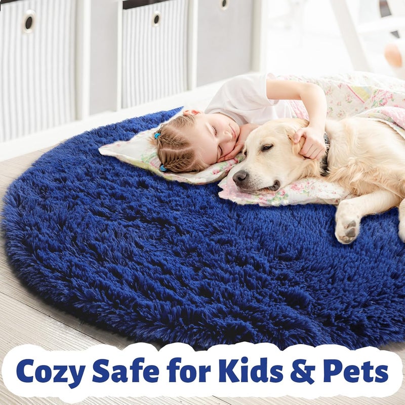 Amdrebio Navy Blue Fluffy Circle Rug, 4'X4' - Shaggy Plush Carpet for Kids, Teens, Nursery & Dorm - Indigo Cute Room Decor - Image 2
