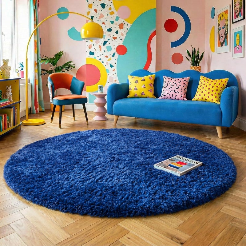 Amdrebio Navy Blue Fluffy Circle Rug, 4'X4' - Shaggy Plush Carpet for Kids, Teens, Nursery & Dorm - Indigo Cute Room Decor - Image 5
