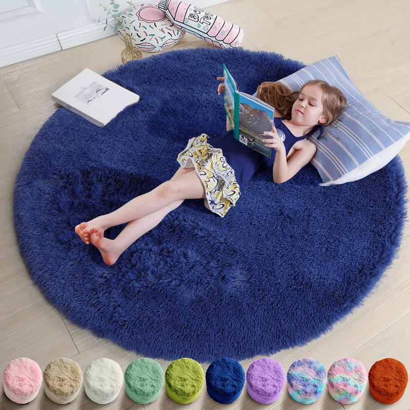 Amdrebio Navy Blue Fluffy Circle Rug, 4'X4' - Shaggy Plush Carpet for Kids, Teens, Nursery & Dorm - Indigo Cute Room Decor - Image 1