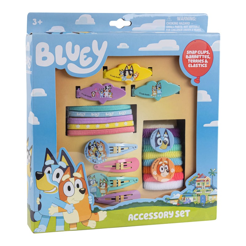 Luv Her Bluey Girls 20 Piece Accessory Set with 3 Barrettes, 4 Snap Hair Clips, 5 Elastics and 8 Terry Ponies- Ages 3+ - Image 1