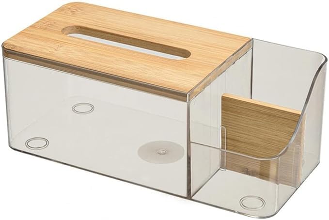 BLEQYS Napkin Box Compartmentalized Design Tissue Case Visible Light Remote Control Storage Tissue Box with Wood Cover AK27 - Image 2