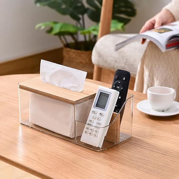 BLEQYS Napkin Box Compartmentalized Design Tissue Case Visible Light Remote Control Storage Tissue Box with Wood Cover AK27 - Image 5