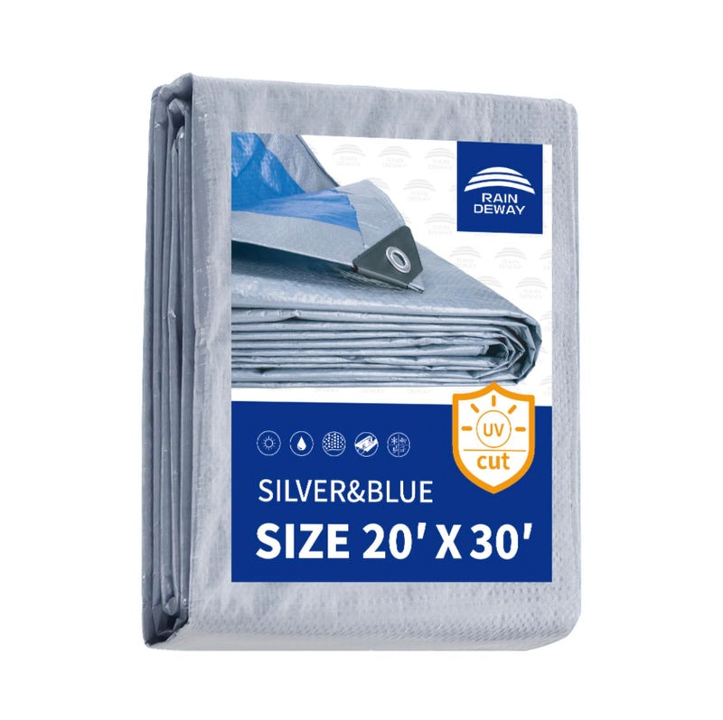 RAINDEWAY Tarps - 20x30 Feet, 5.5 Mil Thick, Multipurpose Waterproof Poly Tarp Cover with Metal Grommets and Reinforced Edges, Silver/Blue Large Tarp - Image 1
