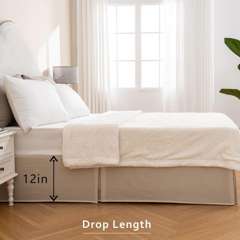 MIYE Pleated Waffle Weave Bed Skirt, Tailored Dust Ruffle 12 Inch Drop Easy Fit, Machine Washable,No Split Corners (Beige, Queen - 12" Drop) - Image 5