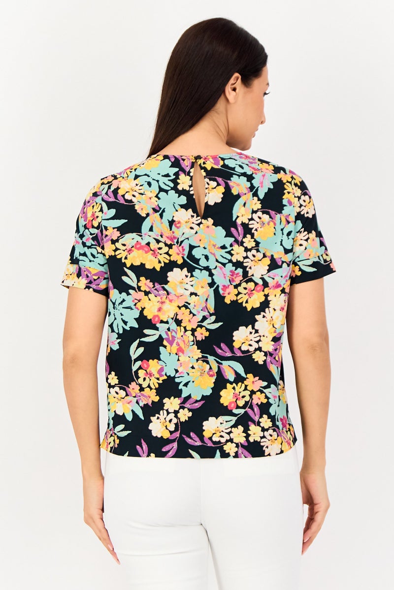 VERO MODA بلوزة مزخرفة بأكمام قصيرة من فيرو مودا للنساء، متعددة الألوان، بياقة دائرية - Image 3