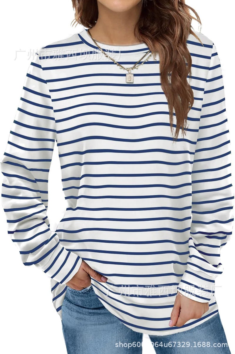 Womens Sweatshirt Crewneck Long Sleeve Shirt Belted Waist Top Fit Leggings Autumn Fashion Blue stripes on white background