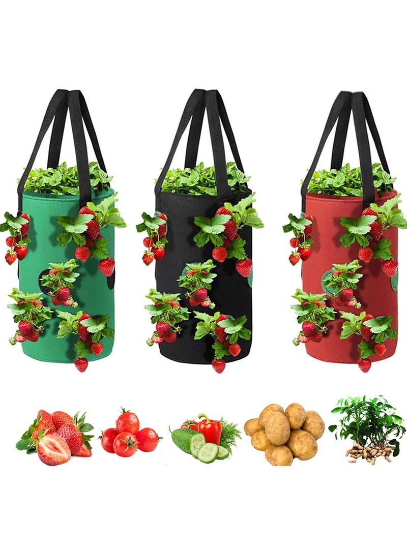 SOLARAE 3Pcs Strawberry Grow Bags, 3 Gallon Strawberry Planting Bags with 12 Planting Holes Sturdy Hanging Handle, Vegetables Grow Bags for Tomato Chili Strawberry Onion Potato (Green, Black, Red) - Image 1