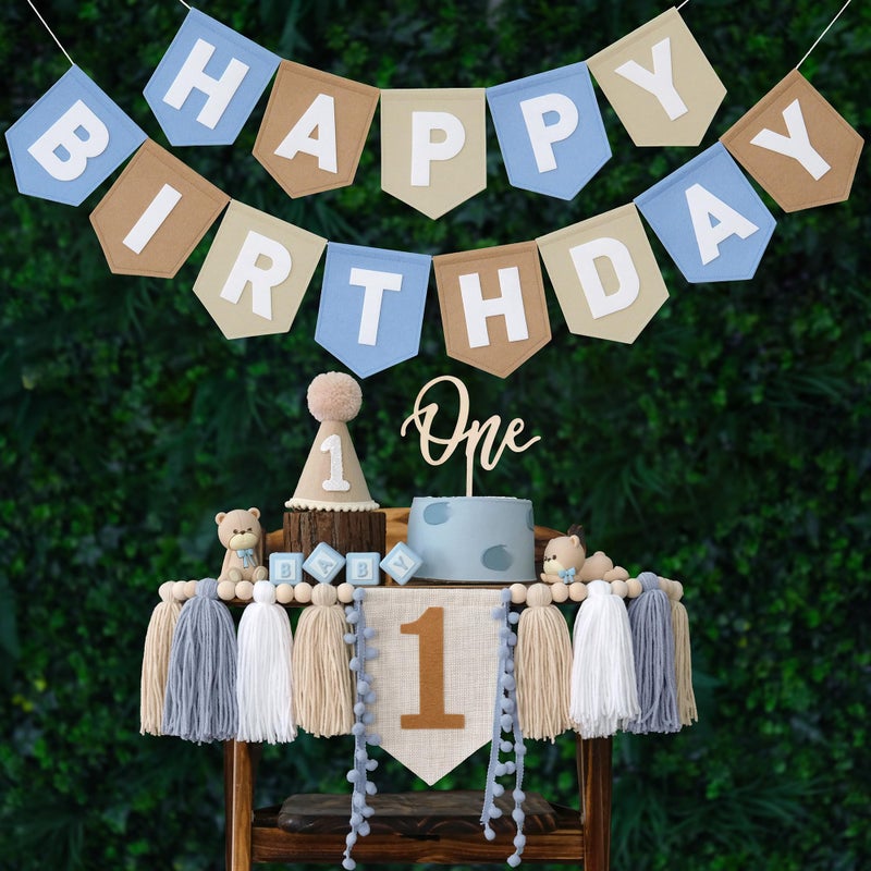 DCJHFJ Felt Khaki Blue Happy Birthday High Chair Banner Pre-Strung Birthday Hanging Decoration For 1st Birthday Decorations Boy - Image 1