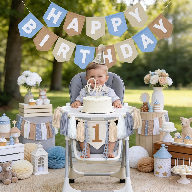 DCJHFJ Felt Khaki Blue Happy Birthday High Chair Banner Pre-Strung Birthday Hanging Decoration For 1st Birthday Decorations Boy - Image 3