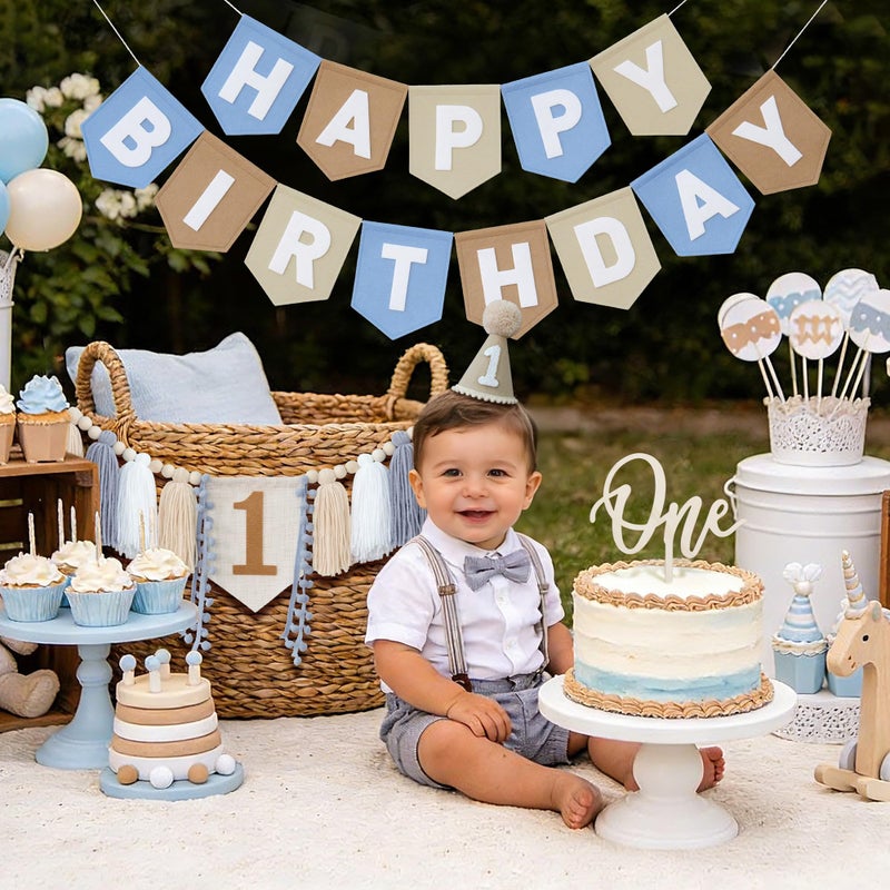 DCJHFJ Felt Khaki Blue Happy Birthday High Chair Banner Pre-Strung Birthday Hanging Decoration For 1st Birthday Decorations Boy - Image 2