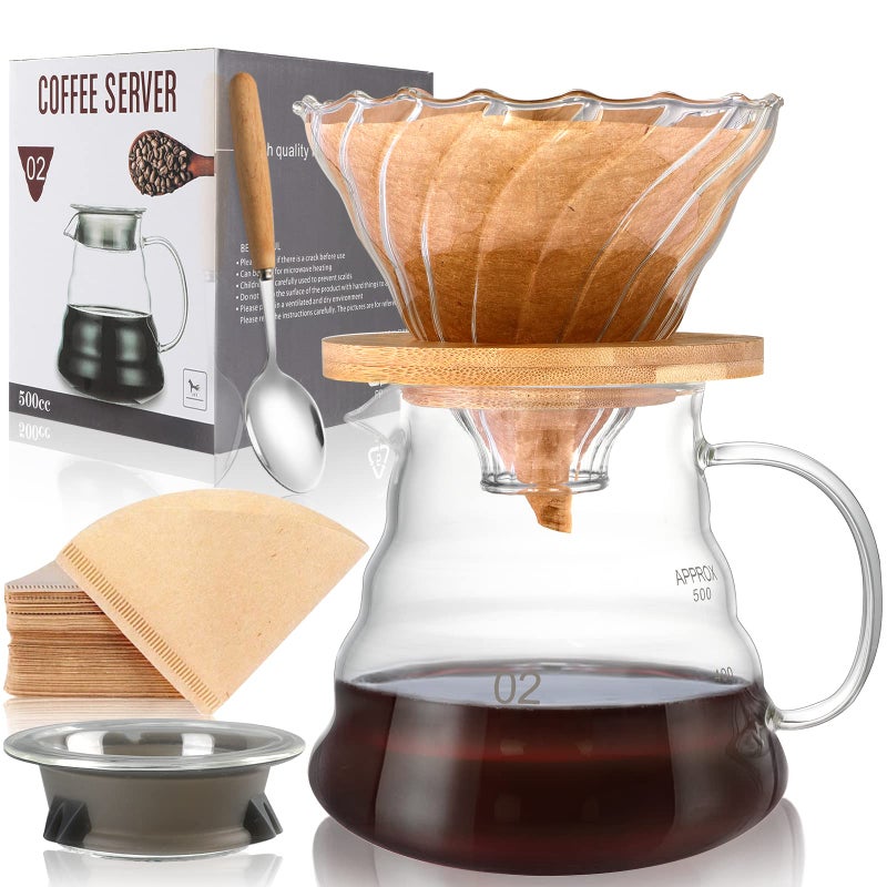 SuproBarware Pour Over Coffee Maker Set  Glass Dripper Coffee Pot with Handle Includes Spoon  40 Paper Filters