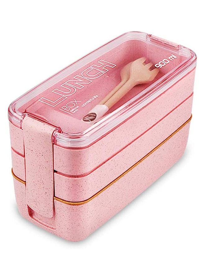 Arabest Bento Lunch Box, 900ml 3-In-1 Compartment Stackable Bento Box, Wheat Straw Leakproof Eco-Friendly 3 Layer Lunch Box Lunch Container for Kids and Adults, Microwave Safe (Pink) - Image 1