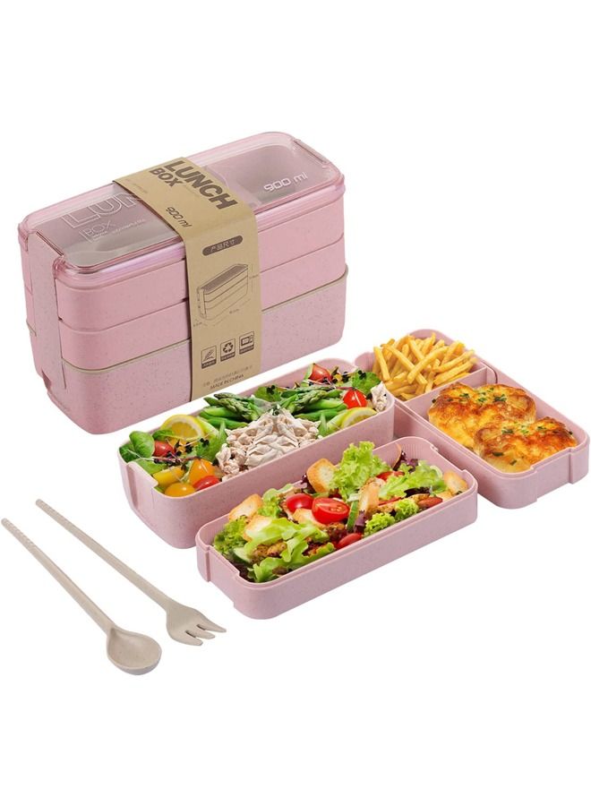 Arabest Bento Lunch Box, 900ml 3-In-1 Compartment Stackable Bento Box, Wheat Straw Leakproof Eco-Friendly 3 Layer Lunch Box Lunch Container for Kids and Adults, Microwave Safe (Pink) - Image 4