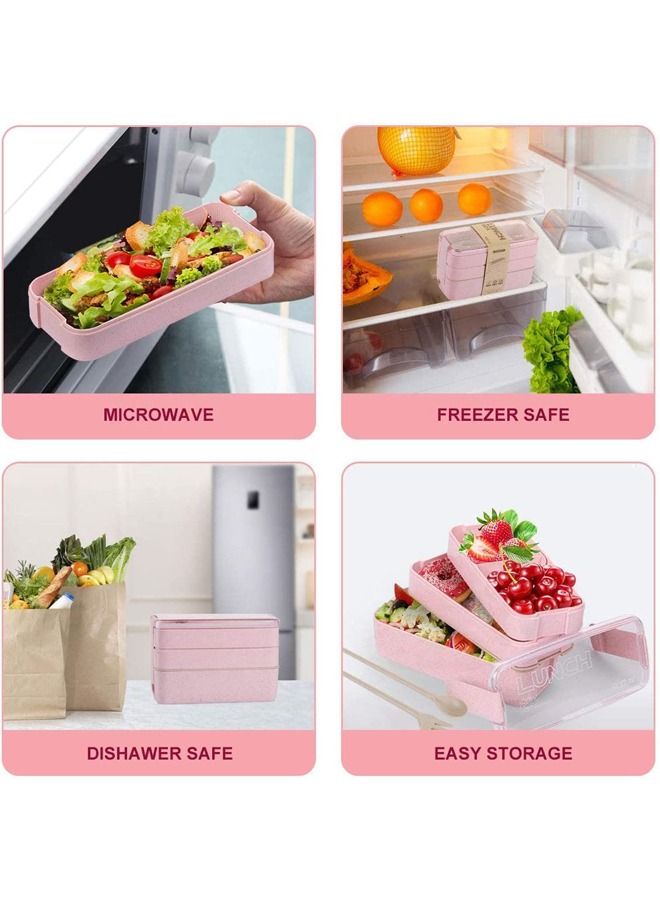 Arabest Bento Lunch Box, 900ml 3-In-1 Compartment Stackable Bento Box, Wheat Straw Leakproof Eco-Friendly 3 Layer Lunch Box Lunch Container for Kids and Adults, Microwave Safe (Pink) - Image 5